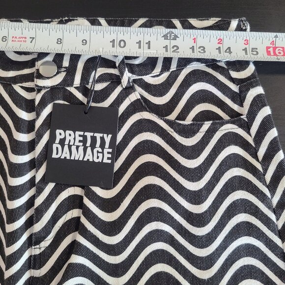 Pretty Damage Wavy Denim Pants Black White Size Medium NWT - Picture 3 of 8